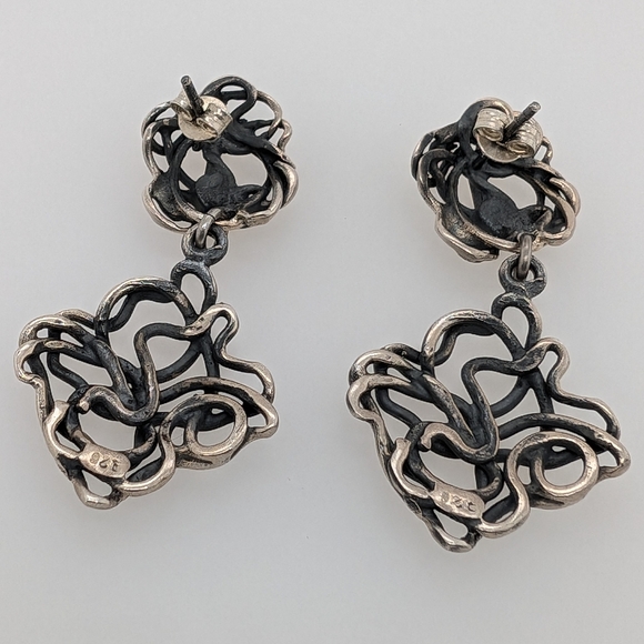 Two Tone Brushed Sterling Silver Dangle Earrings - Picture 4 of 6